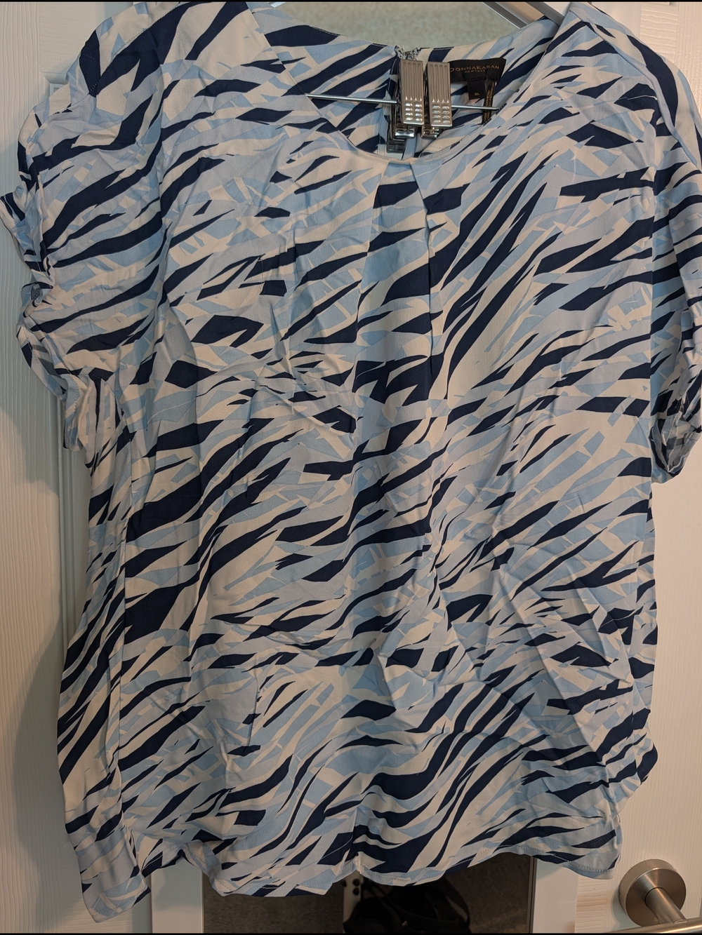 Donna Karan Light Blue and Navy Abstract Print Short Sleeve Blouse